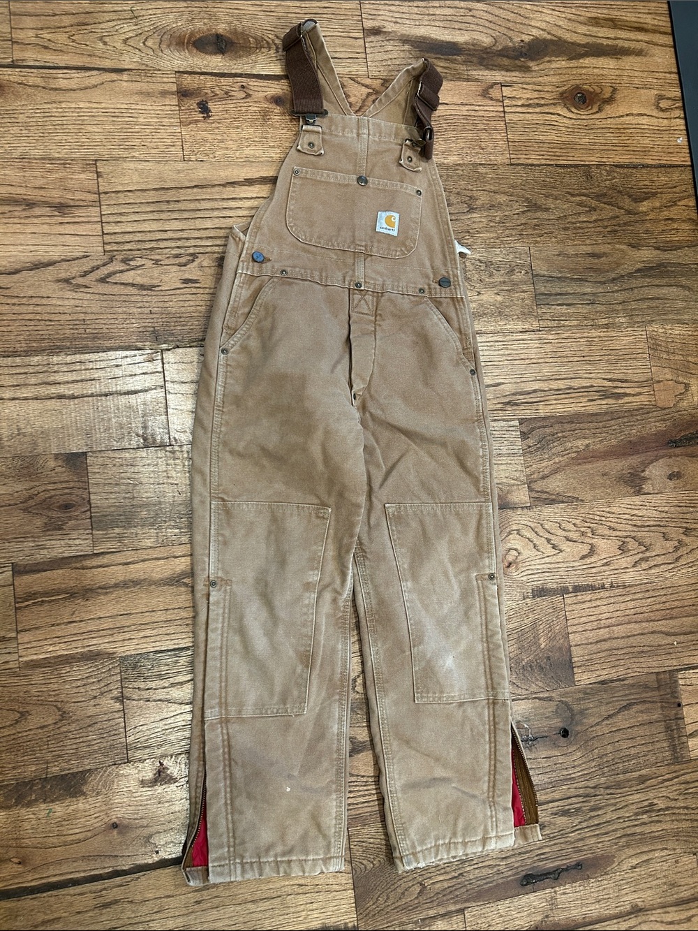 Vintage Carhartt Tan Duck Canvas Cargo Overalls with Red Gusset Detail